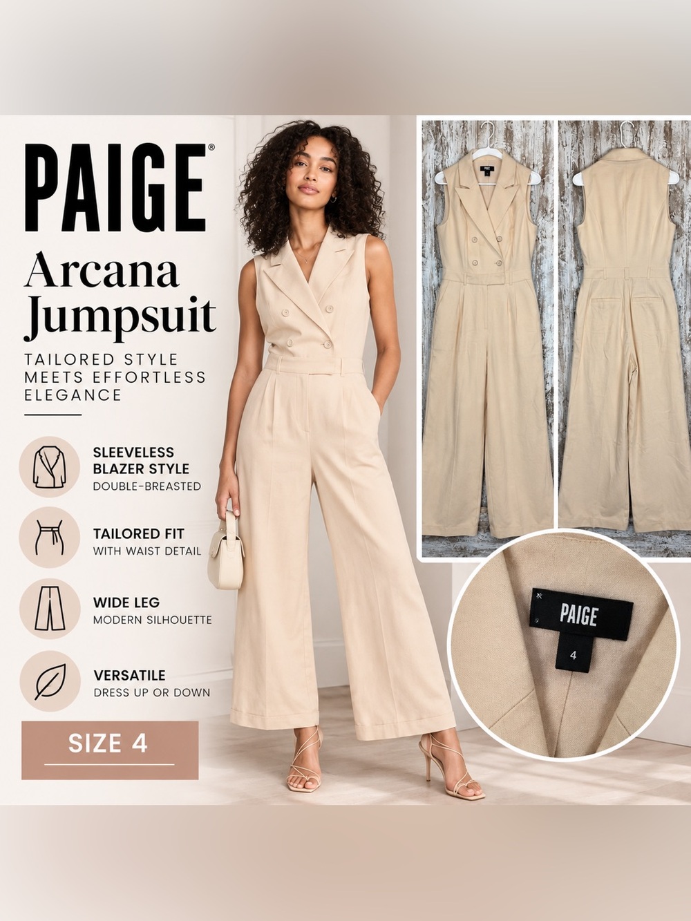 PAIGE Arcana Sleeveless Blazer Wide Leg Jumpsuit Women’s Size 4 Beige